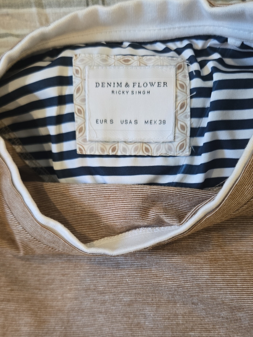 Denim & Flower Women's Tan Top with Navy & White Stripe Lining